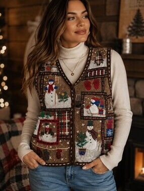 Vintage 90s Patchwork Quilt Holiday Snowman Sweater Vest Brown Mom Heritage Y2K